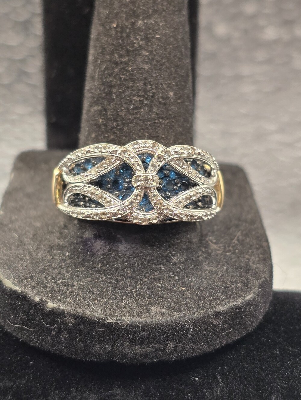 Vtg Sterling Silver Gold Vermil Braided Design Blue And White Topaz Ring Size 9